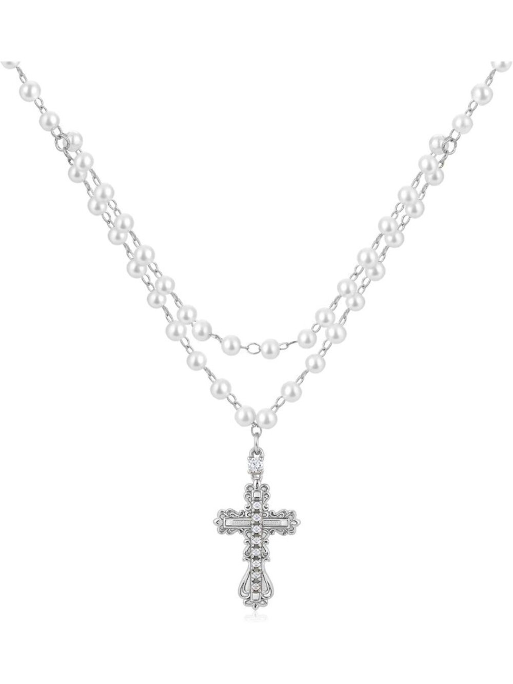 Layered Pearl Beaded Rosary Necklace for Women, Gold Virgin Mary Cross Jewelry